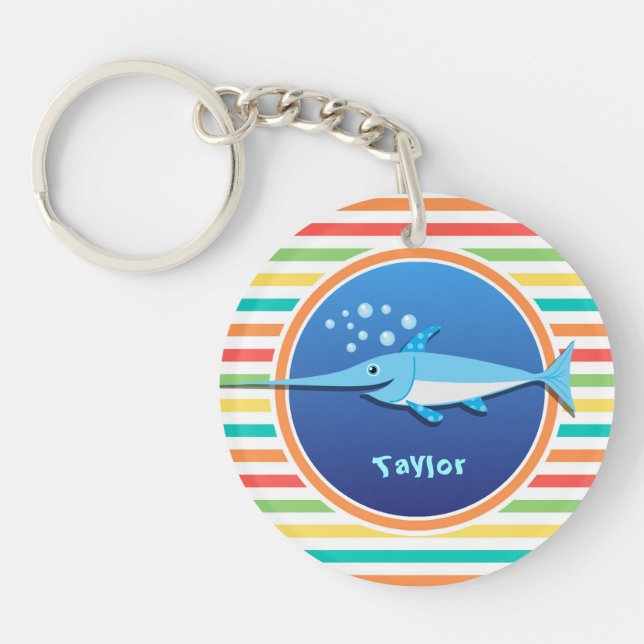 Swordfish; Bright Rainbow Stripes Key Ring (Front)