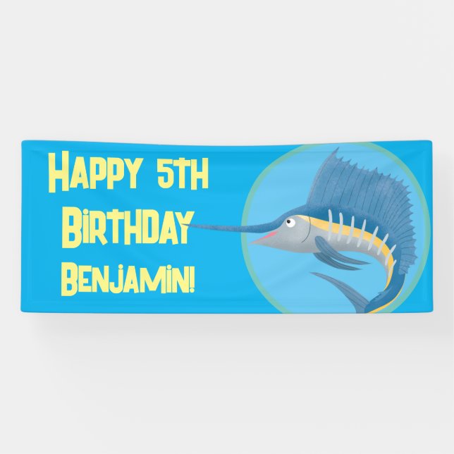 Swordfish sailfish cartoon birthday personalised banner (Horizontal)