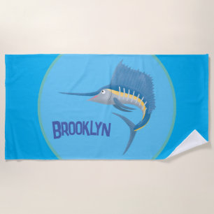 Swordfish sailfish fun cartoon illustration beach towel