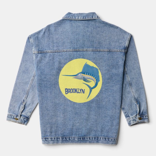 Swordfish sailfish fun cartoon illustration denim jacket (Back)