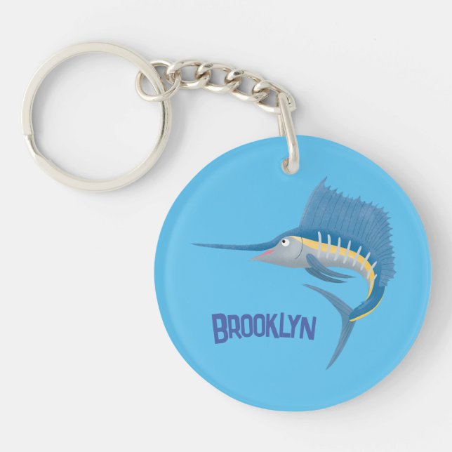 Swordfish sailfish fun cartoon illustration key ring (Front)