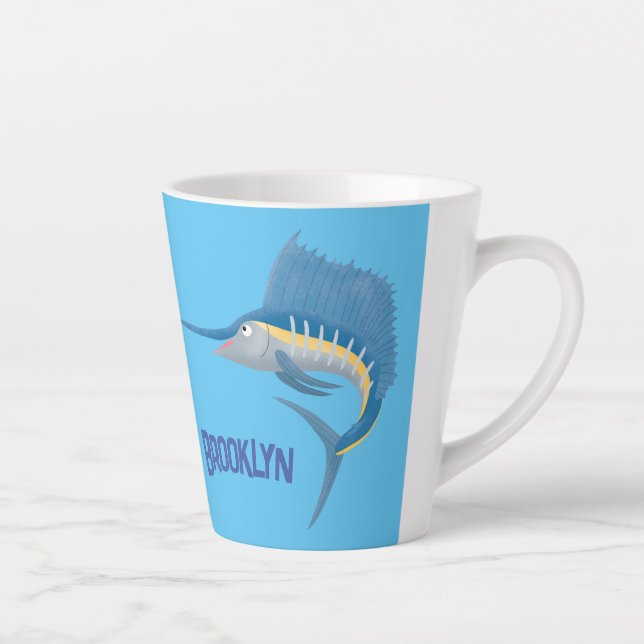 Swordfish sailfish fun cartoon illustration latte mug (Right)