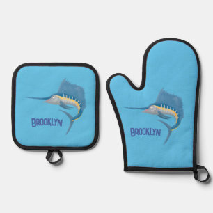 Swordfish sailfish fun cartoon illustration oven mitt & pot holder set