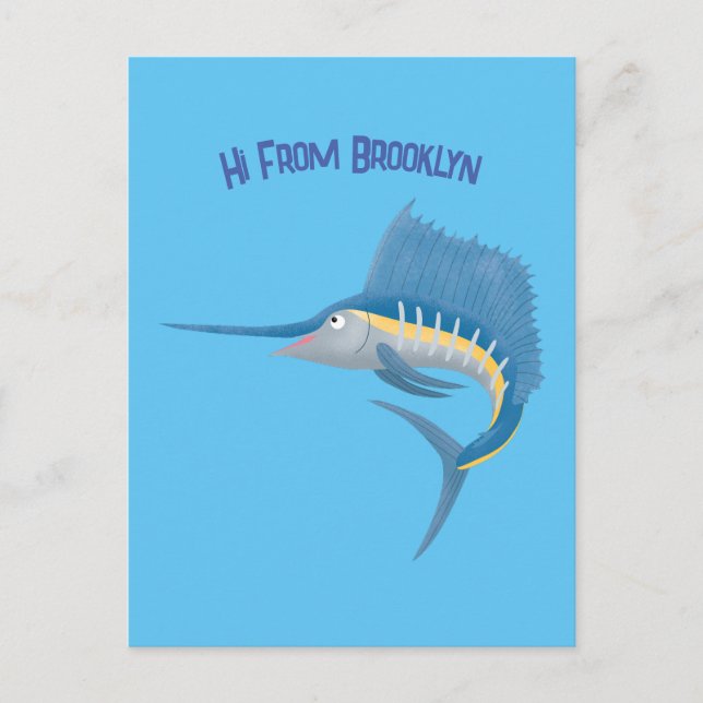 Swordfish sailfish fun cartoon illustration postcard (Front)
