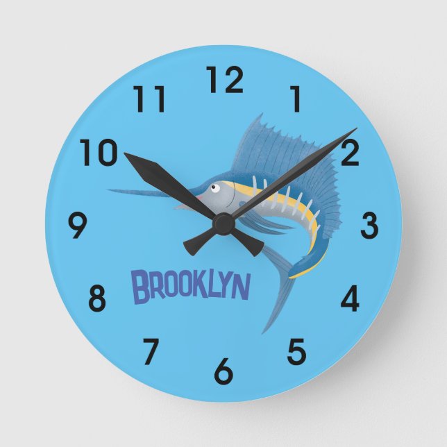 Swordfish sailfish fun cartoon illustration round clock (Front)