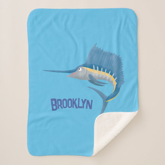 Swordfish sailfish fun cartoon illustration sherpa blanket (Front)