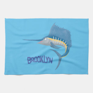 Swordfish sailfish fun cartoon illustration tea towel