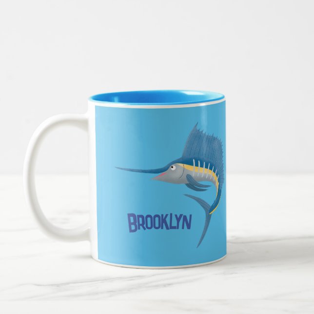Swordfish sailfish fun cartoon illustration Two-Tone coffee mug (Left)