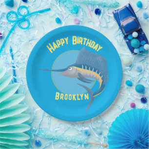 Swordfish sailfish personalised birthday cartoon paper plate