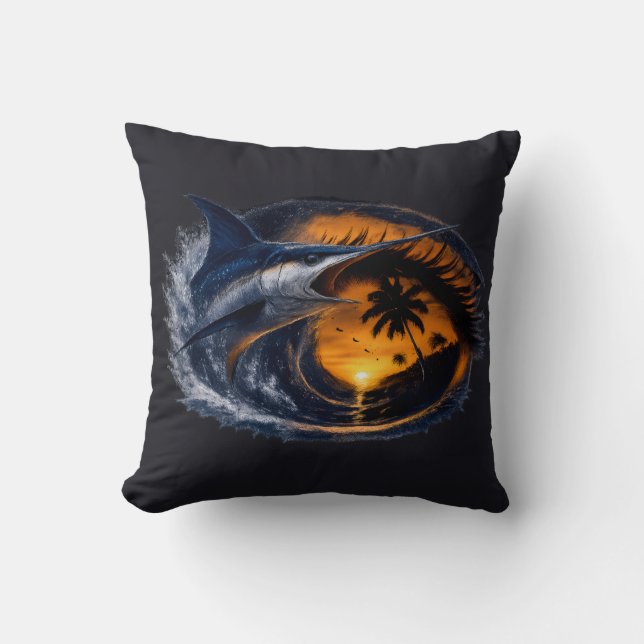 Swordfish Sunset Wave – Surreal Tropical Ocean Art Cushion (Front)