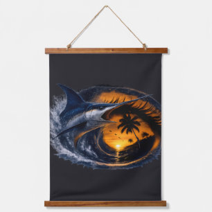 Swordfish Sunset Wave – Surreal Tropical Ocean Art Hanging Tapestry