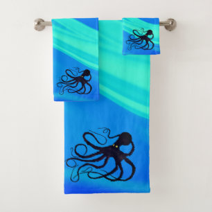 Sybille's Octo on Blue Green - Bathroom Towel Set