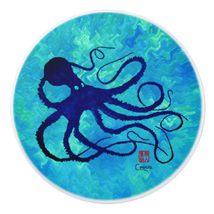 Sybille's Octopus On Blue L - Ceramic Knob