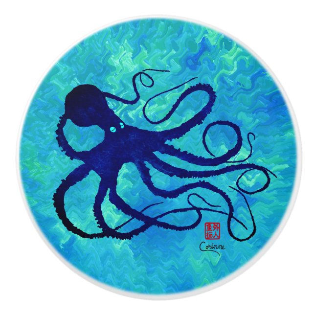 Sybille's Octopus On Blue L - Ceramic Knob (Front)