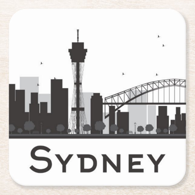 Sydney, Australia | Black & White City Skyline Square Paper Coaster (Front)