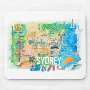 Sydney Australia Illustrated Map with Landmarks Mouse Mat