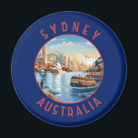 Sydney Australia Retro Distressed Circle Magnet<br><div class="desc">Sydney retro vector travel design. Sydney,  capital of New South Wales and one of Australia's largest cities,  is best known for its harbourfront Sydney Opera House,  with a distinctive sail-like design.</div>