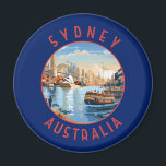 Sydney Australia Retro Distressed Circle Magnet<br><div class="desc">Sydney retro vector travel design. Sydney,  capital of New South Wales and one of Australia's largest cities,  is best known for its harbourfront Sydney Opera House,  with a distinctive sail-like design.</div>