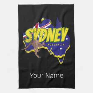 Sydney Australia Retro Kangaroo And Flag Vintage Tea Towel