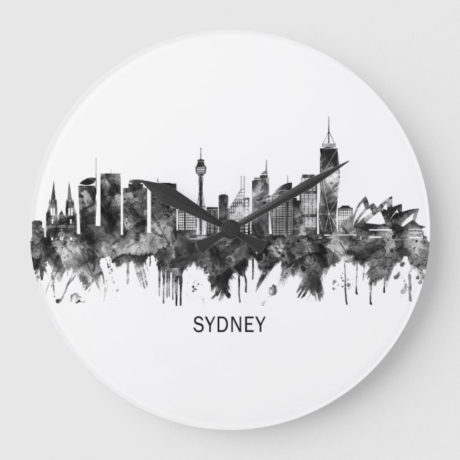 Sydney Australia Skyline BW Large Clock (Front)