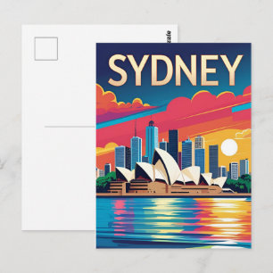 Sydney Australia Skyline Sunset Retro Travel  Postcard