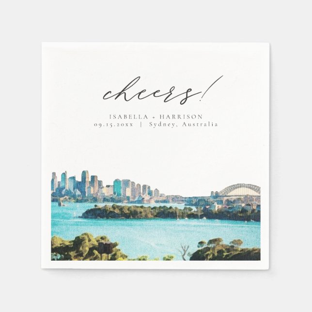 SYDNEY AUSTRALIA Watercolor Beach Skyline Wedding Napkin (Front)