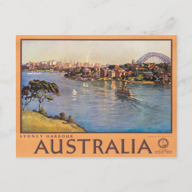 Sydney Harbor Australia Vintage Travel Poster Postcard (Front)