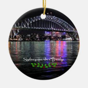 Sydney Harbour Bridge, labelled, Christmas holly Ceramic Tree Decoration