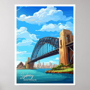 Sydney Harbour Bridge Travel Vintage Illustration Poster