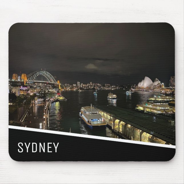 Sydney Harbour by Night, Australia, Black Mouse Mat (Front)