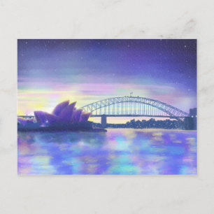 Sydney Harbour Purple Sunset Cityscape Painting Postcard