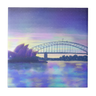 Sydney Harbour Purple Sunset Cityscape Painting Tile
