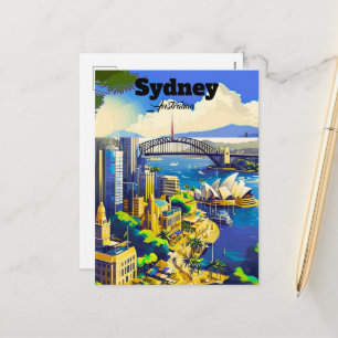 Sydney Postcard, hand drawn city card, illustrated Holiday Postcard