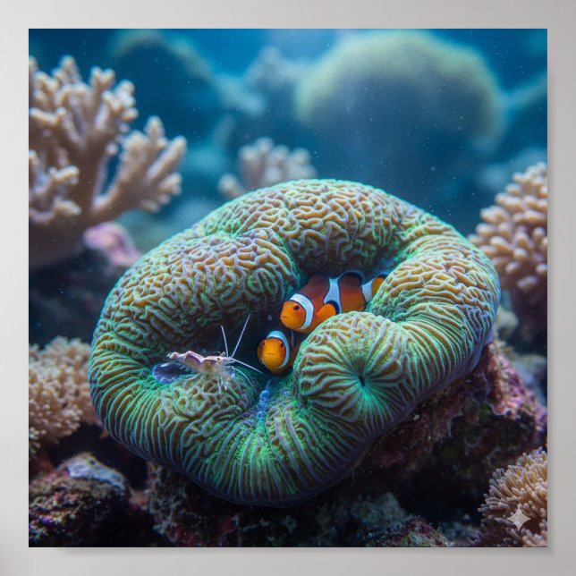 Symbiotic Life: Clownfish, Shrimp & Brain Coral Poster (Front)