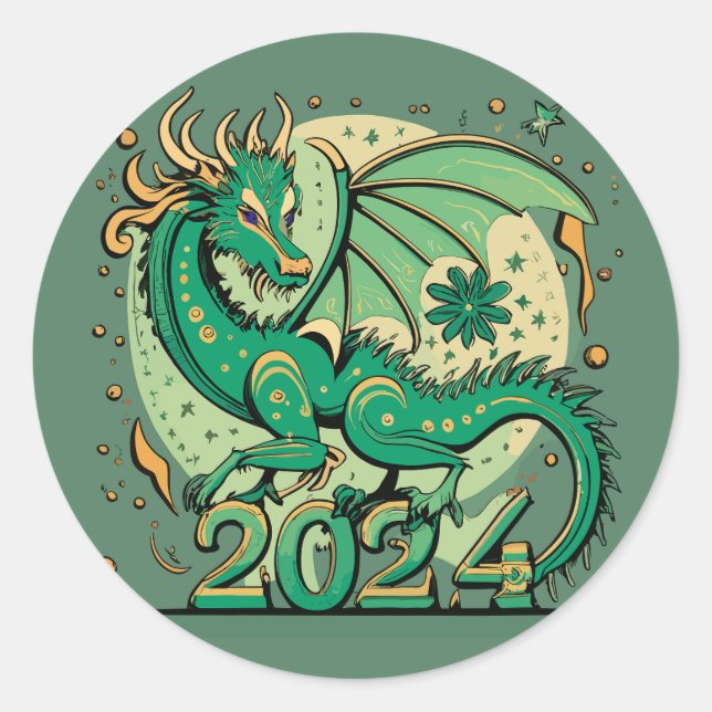 Symbol 2024 New Year, Green Wood Dragon  Classic Round Sticker (Front)