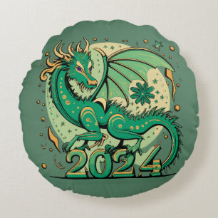 Symbol 2024 New Year, Green Wood Dragon Round Cushion
