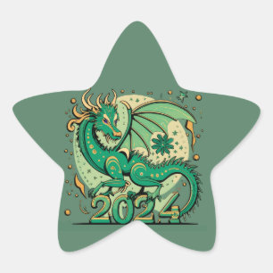Symbol 2024 New Year, Green Wood Dragon  Star Sticker