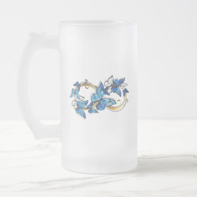 Symbol Infinity of Blue Morpho Butterflies Frosted Glass Beer Mug (Left)