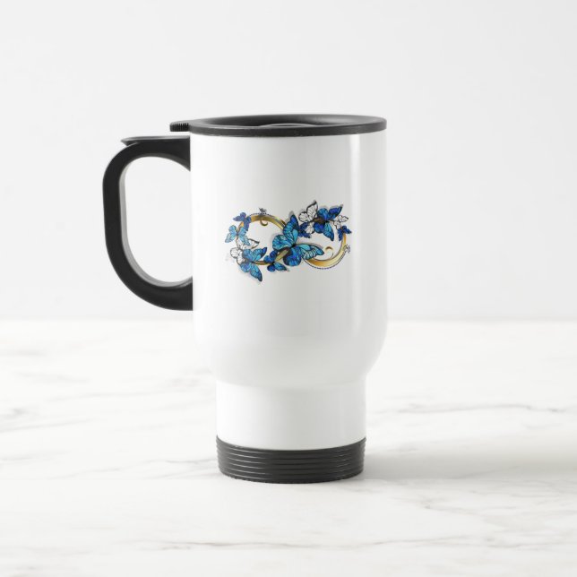 Symbol Infinity of Blue Morpho Butterflies Travel Mug (Left)