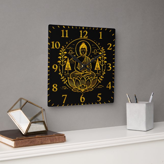 Symbolic Buddha Surrounded by Nature Elements Square Wall Clock (Office)