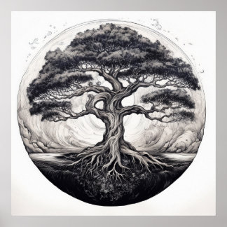 Symbolic ink drawing showing a powerful tree with  poster