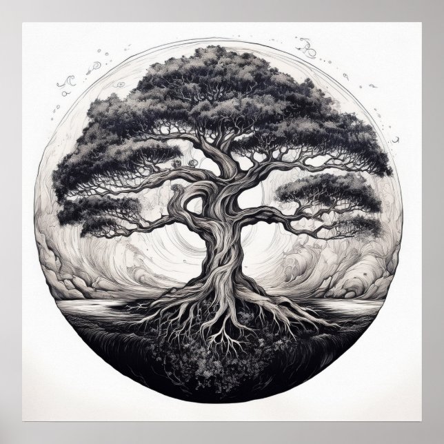 Symbolic ink drawing showing a powerful tree with  poster (Front)