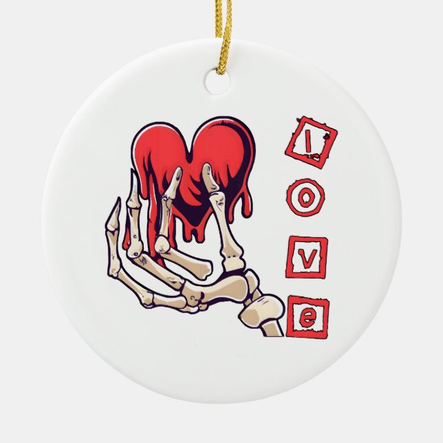 Symbolic Love Skeleton Hand Offering Heart Ceramic Tree Decoration (Front)