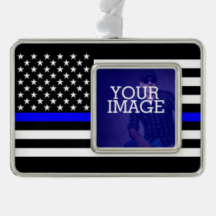 Symbolic Thin Blue Line US Flag Your Image on a Silver Plated Framed Ornament