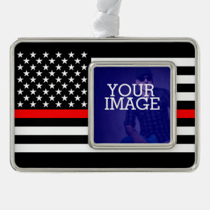 Symbolic Thin Red Line US Flag Your Image on a Silver Plated Framed Ornament