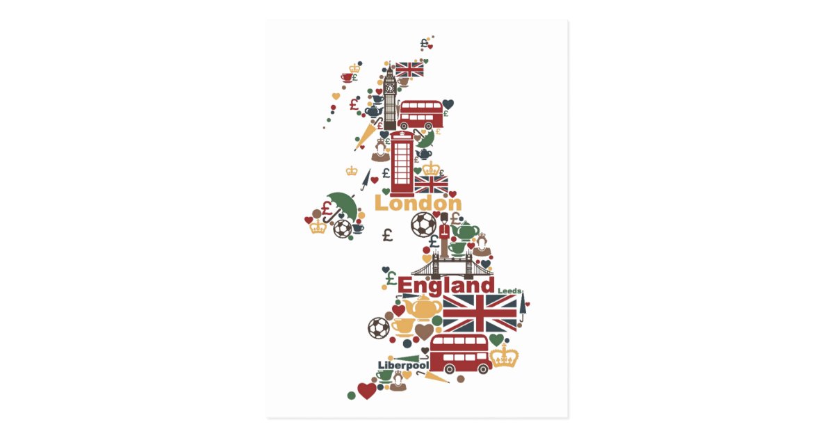 Symbols of England Map Postcard | Zazzle.co.uk