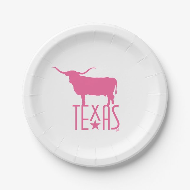 Symbols of Texas, Longhorn, pink Paper Plate (Front)