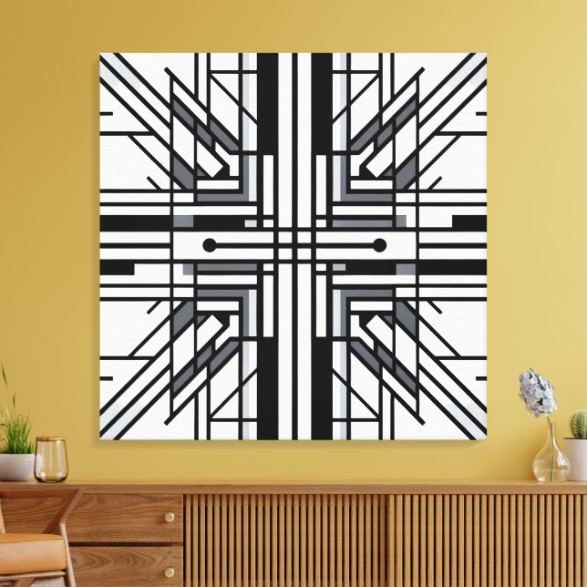 Symmetric Grid Geometry – Black & White Abstract L Canvas Print (Insitu(LivingRoom))