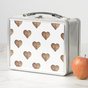 Symmetric Large Rustic Brown Wooden Hearts Metal Lunch Box