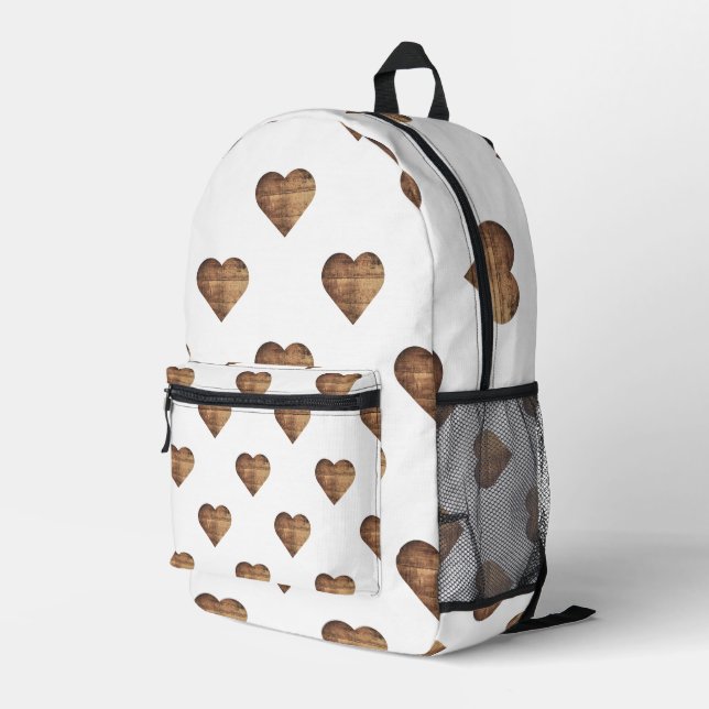 Symmetric Large Rustic Brown Wooden Hearts Printed Backpack (Back Corner Right)